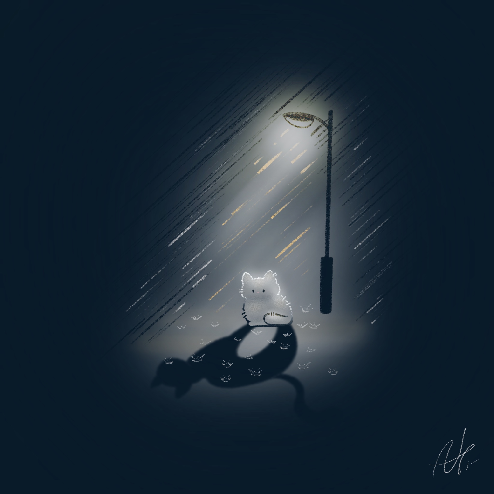 Painting of a cat in rain under a streetlight with their shadow looking like a spooky halloween cat