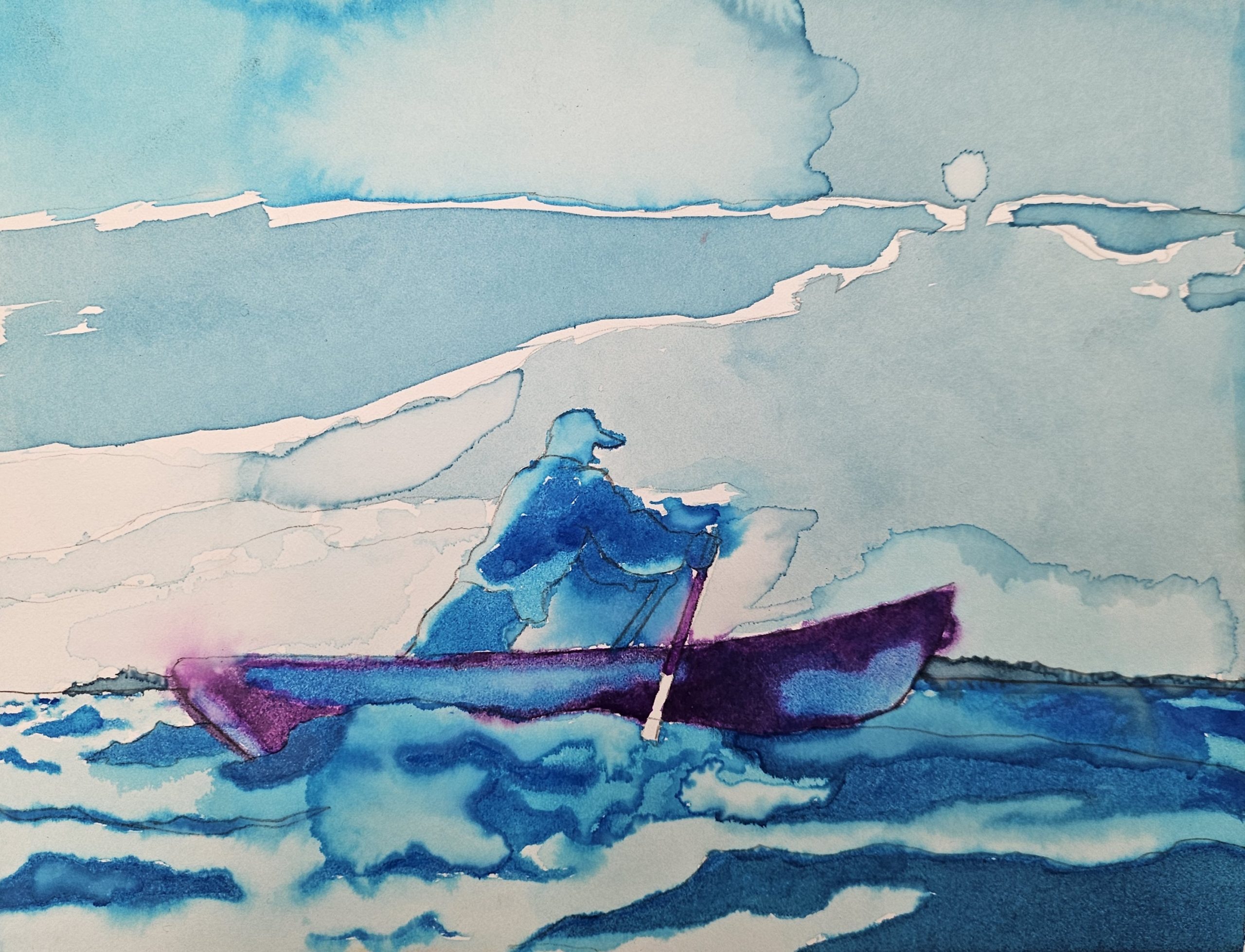 Watercolor of a row boat and a figure rowing the boat in blue hues