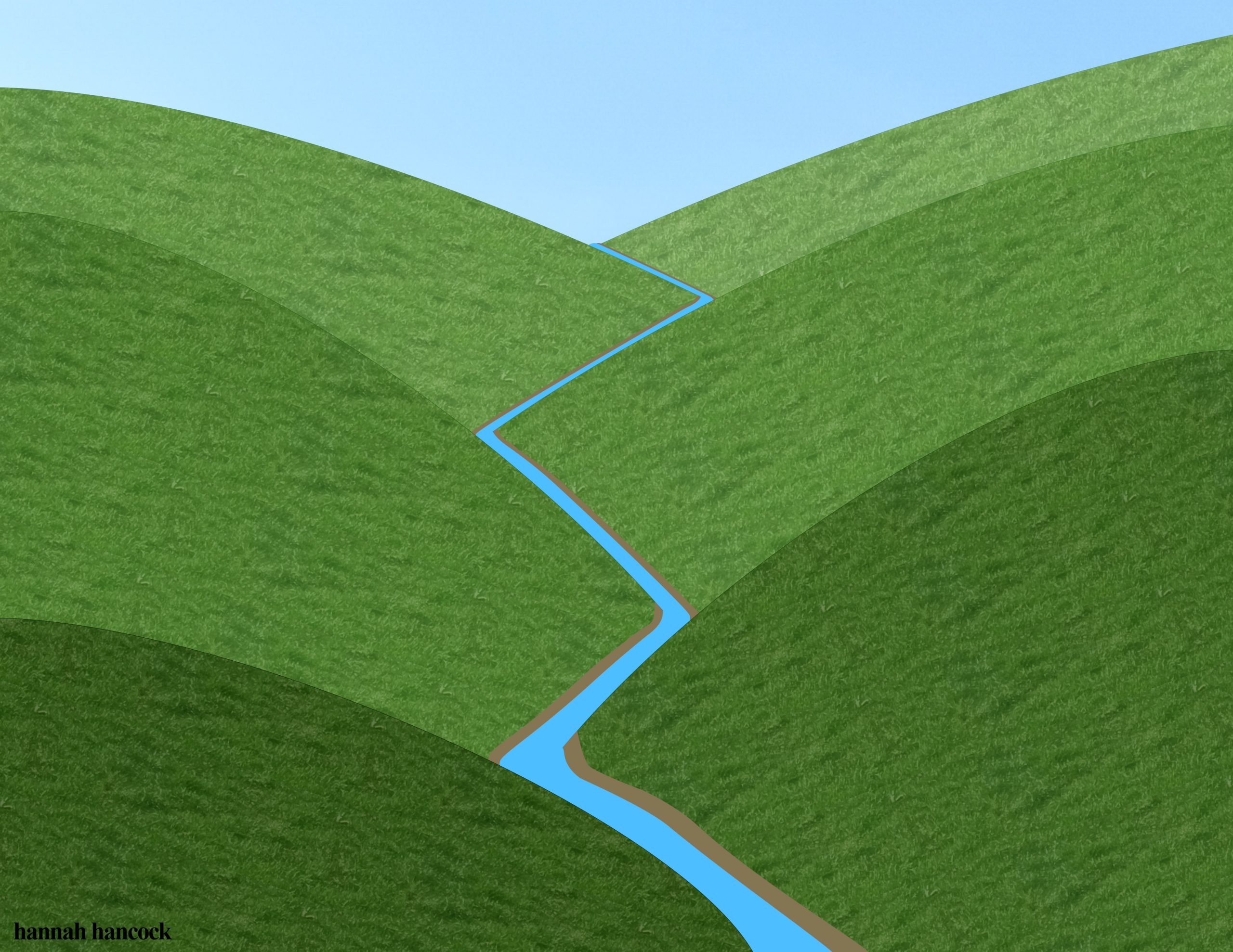 Painting of green hills with a river running through a valley under a blue sky