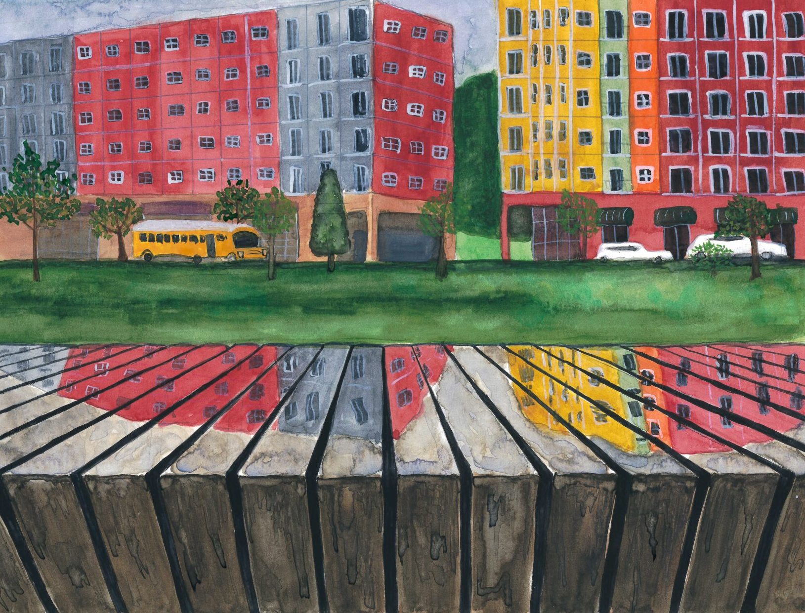 Watercolor of colorful apartment buildings reflected in a rainy fence with a school bus in front of the buildings