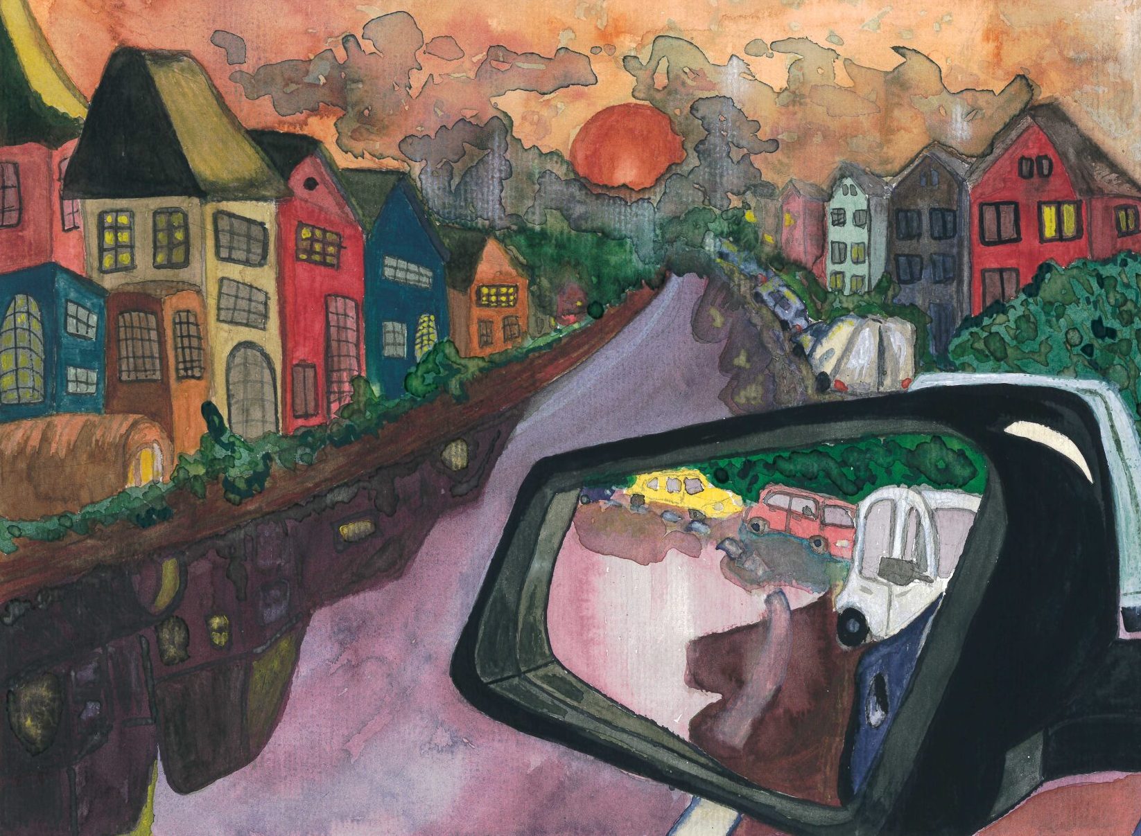 Watercolor of a street with colorful houses and a car's rearview mirror showing other colorful cars