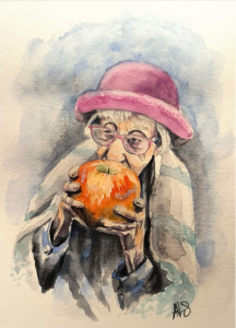 Painting of an elderly lady with glasses, a pink hat and eating an apple