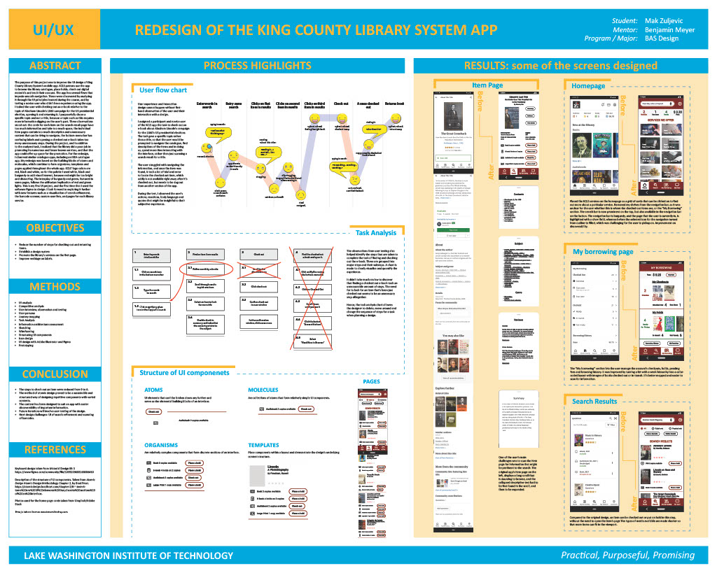 Research poster to attempt redesigning the King County Library System app for better functionality