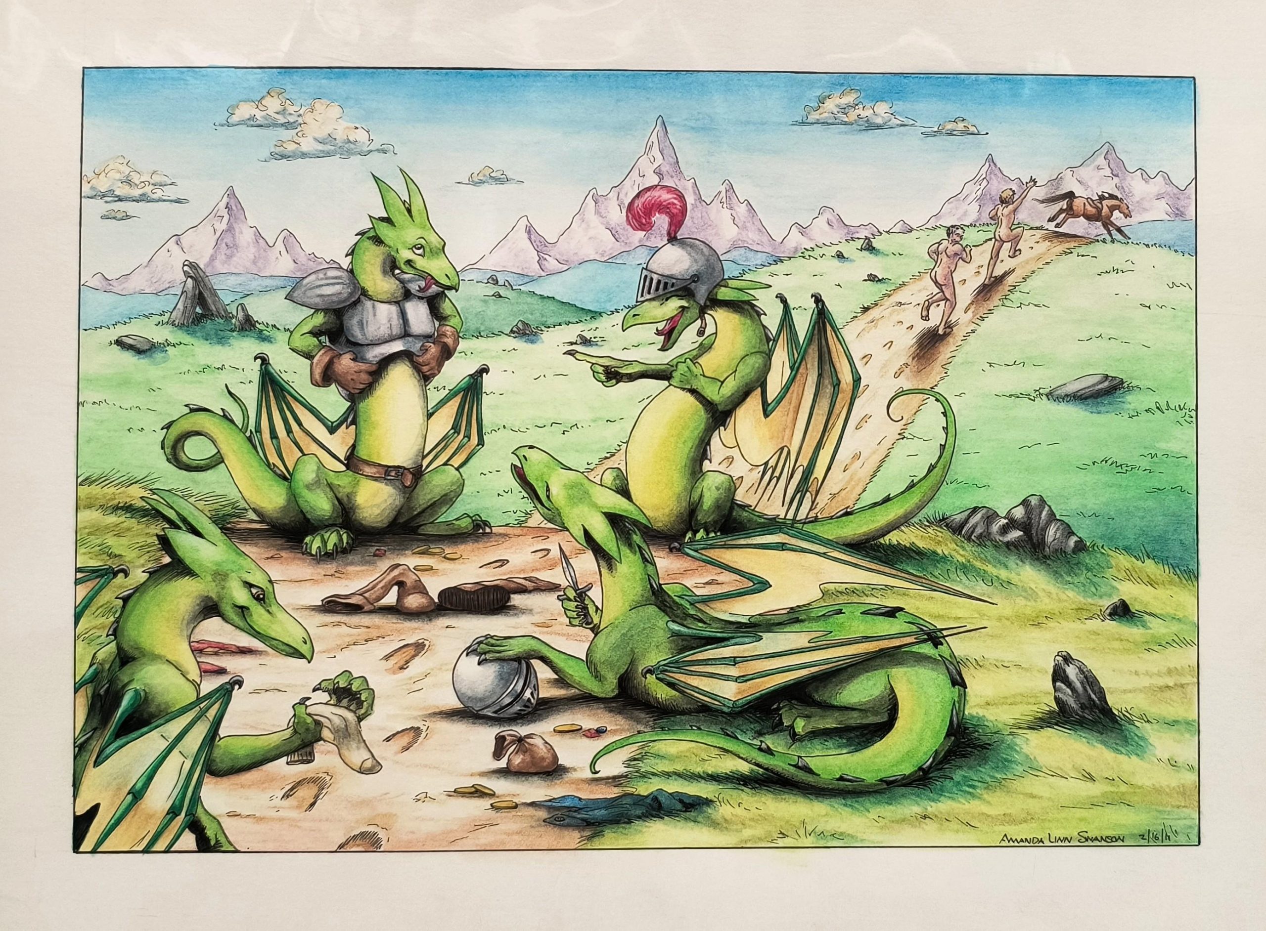 Artwork of four dragons laughing while trying on the armor of two naked knights who are running away with a horse in the background