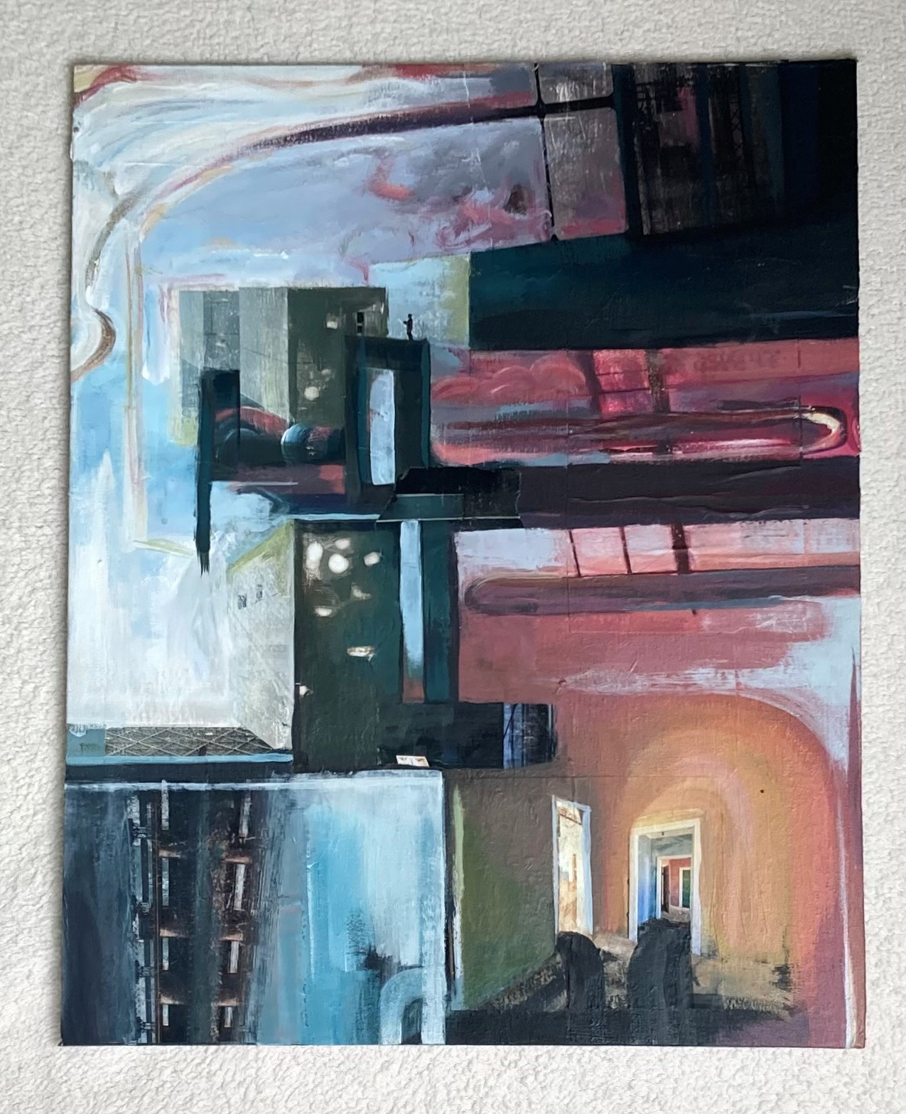 Cubist oil painting of street lights, doors, windows, and walls in blue, orange, and red