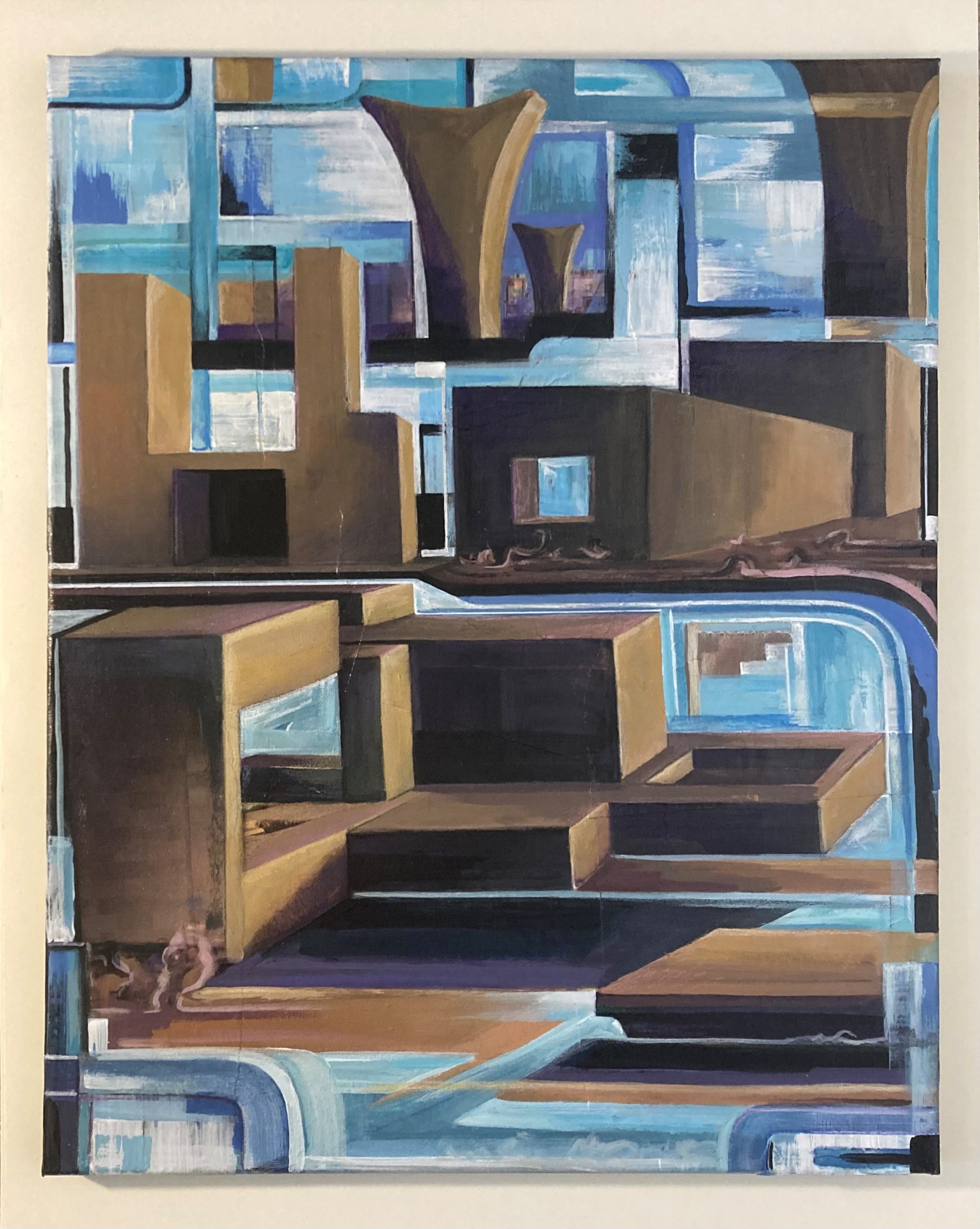 Oil painting of boxes, windows, walls, and curves in blue, tan, and cream hues