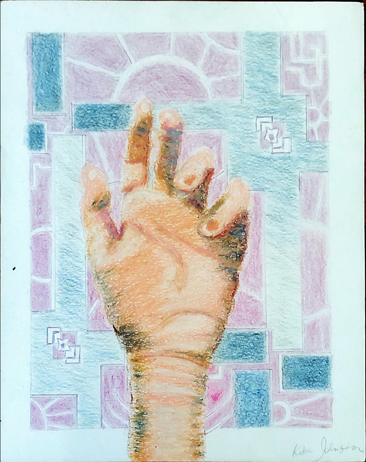 Artwork of a hand with bent fingers against a backdrop of pastel colored geometric shapes