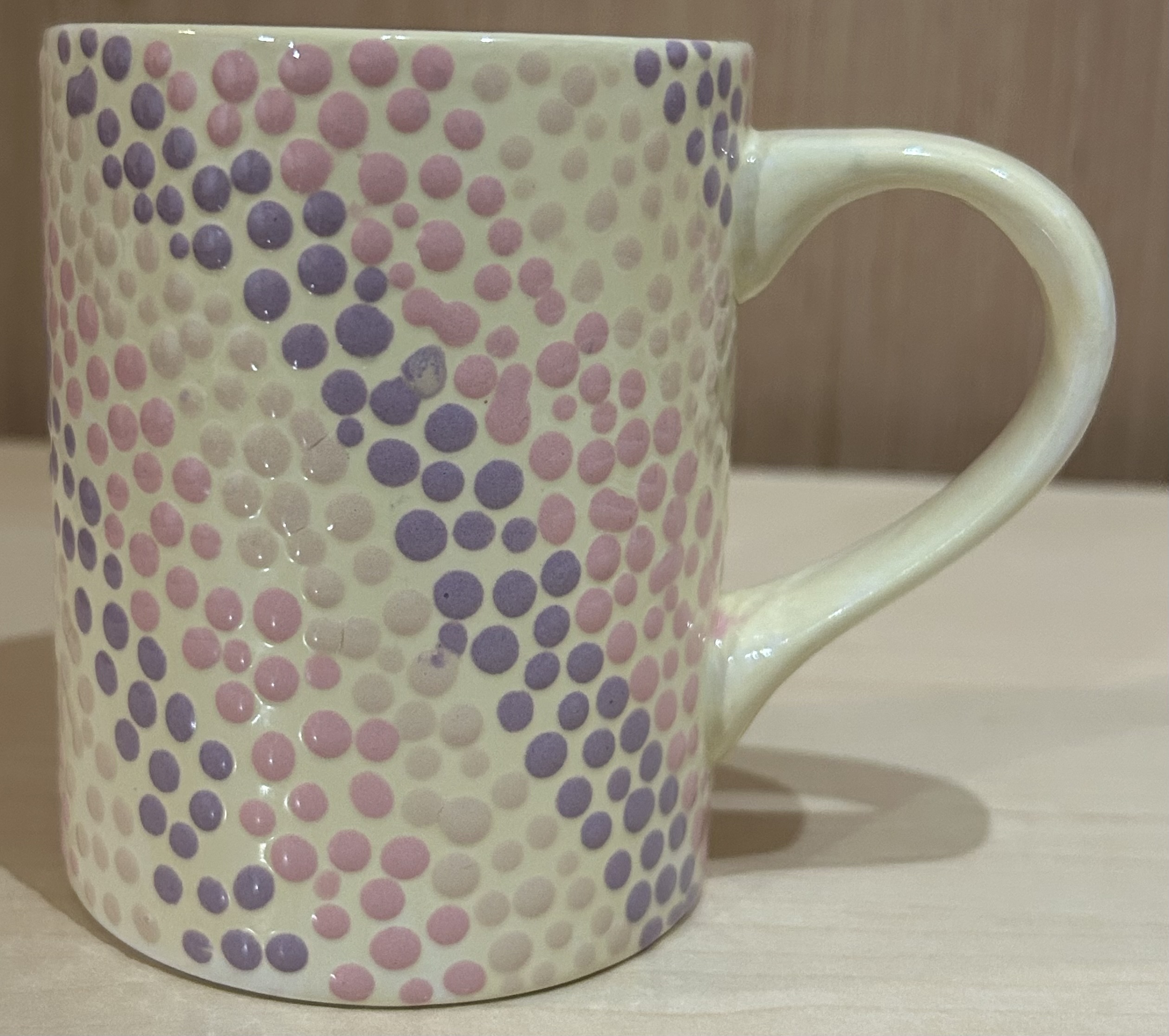 Ceramic mug with purple, pink, and cream dots - side view