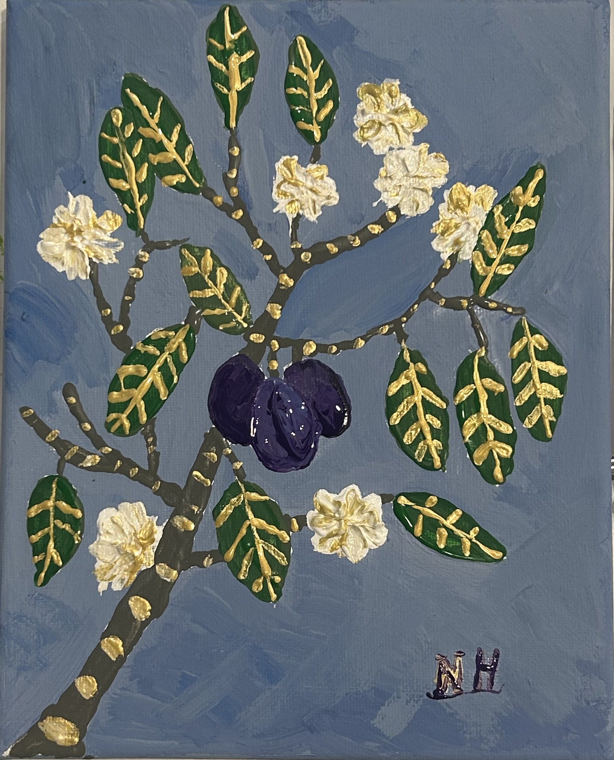 Artwork of green and gold flowering plant with white flowers and purple fruits