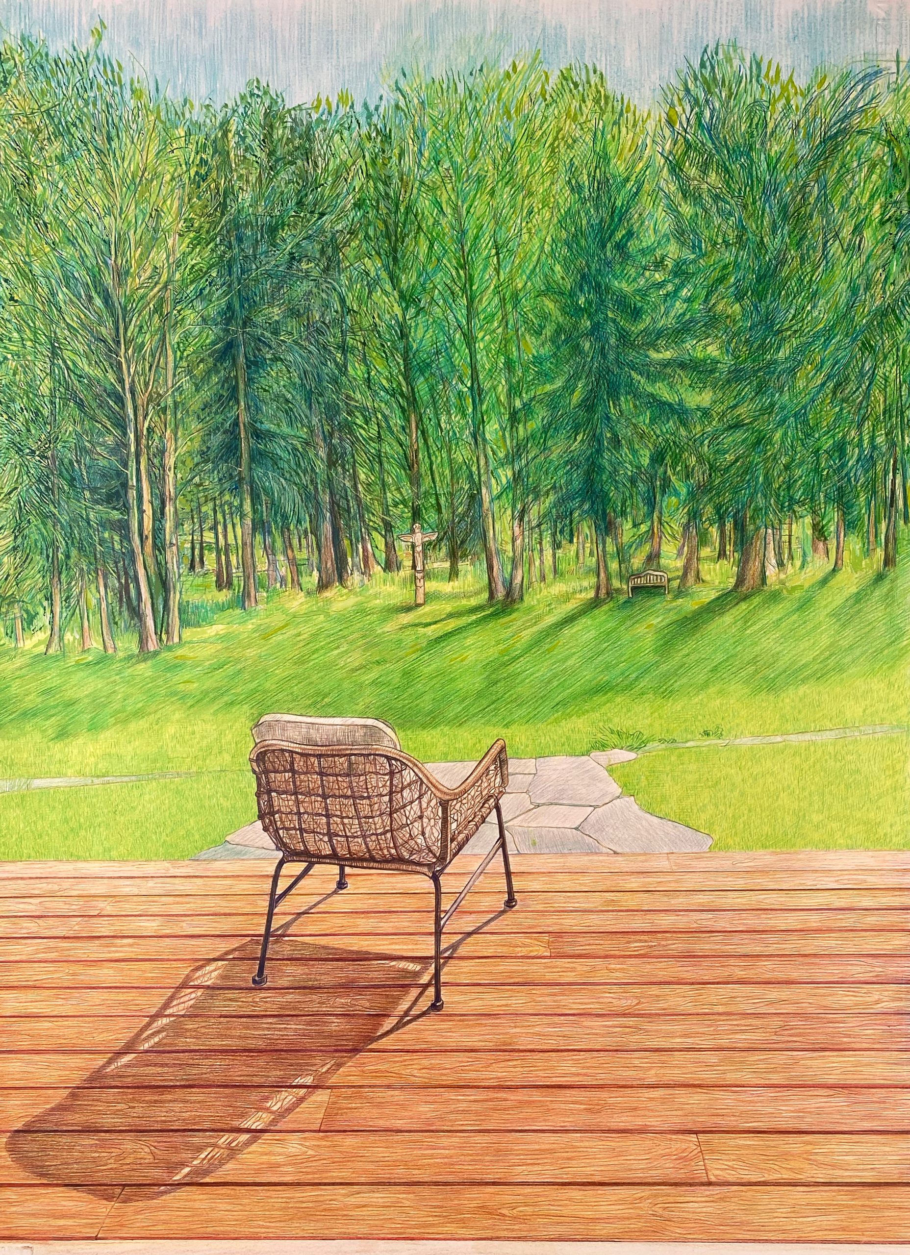 Color artwork of a chair on a deck facing a grove of trees