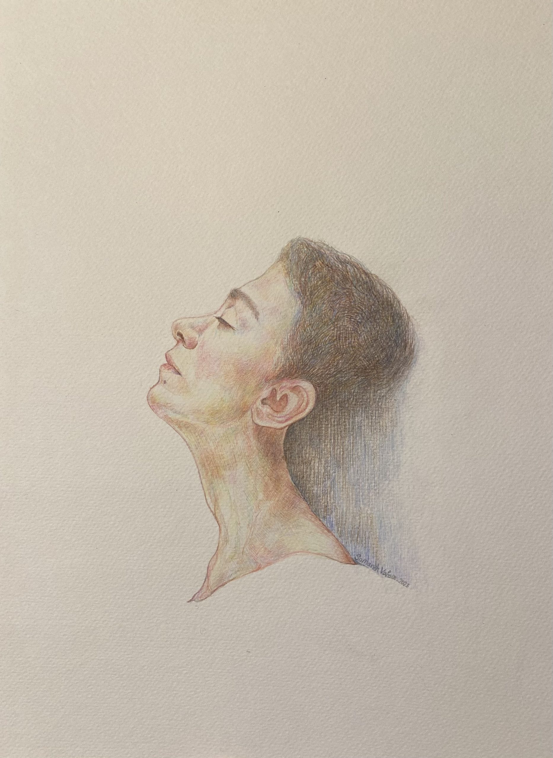 Color artwork of a bust of a person looking up with their eyes closed