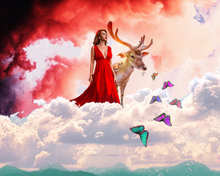 Digital artwork of a woman in a red dress, a reindeer, and butterflies in clouds over a mountain range