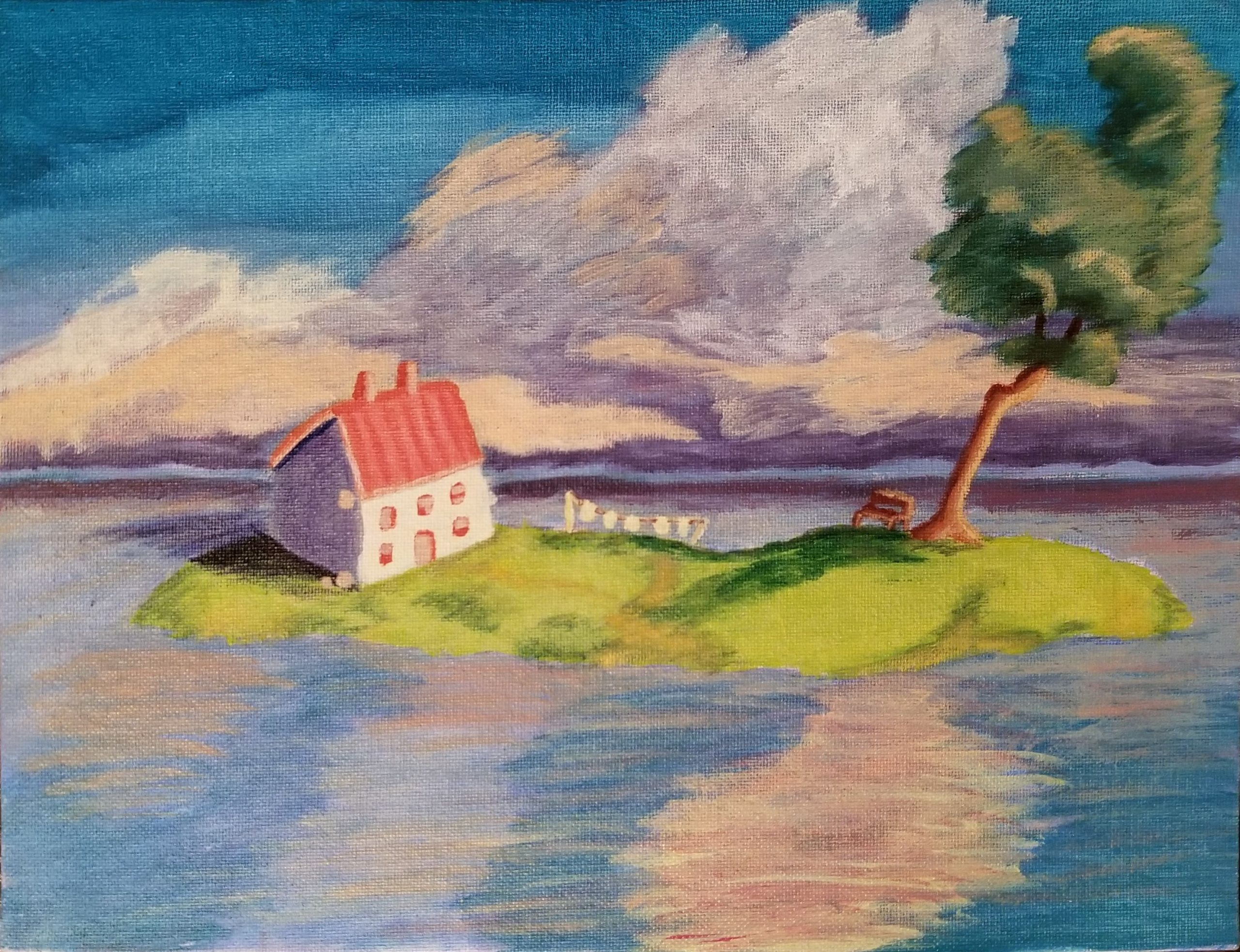 Painting of a small white house with a red roof and two chimneys on an island with a bent tree, clothes drying on a line, and a bench. Clouds are in the sky looking omonous in the background