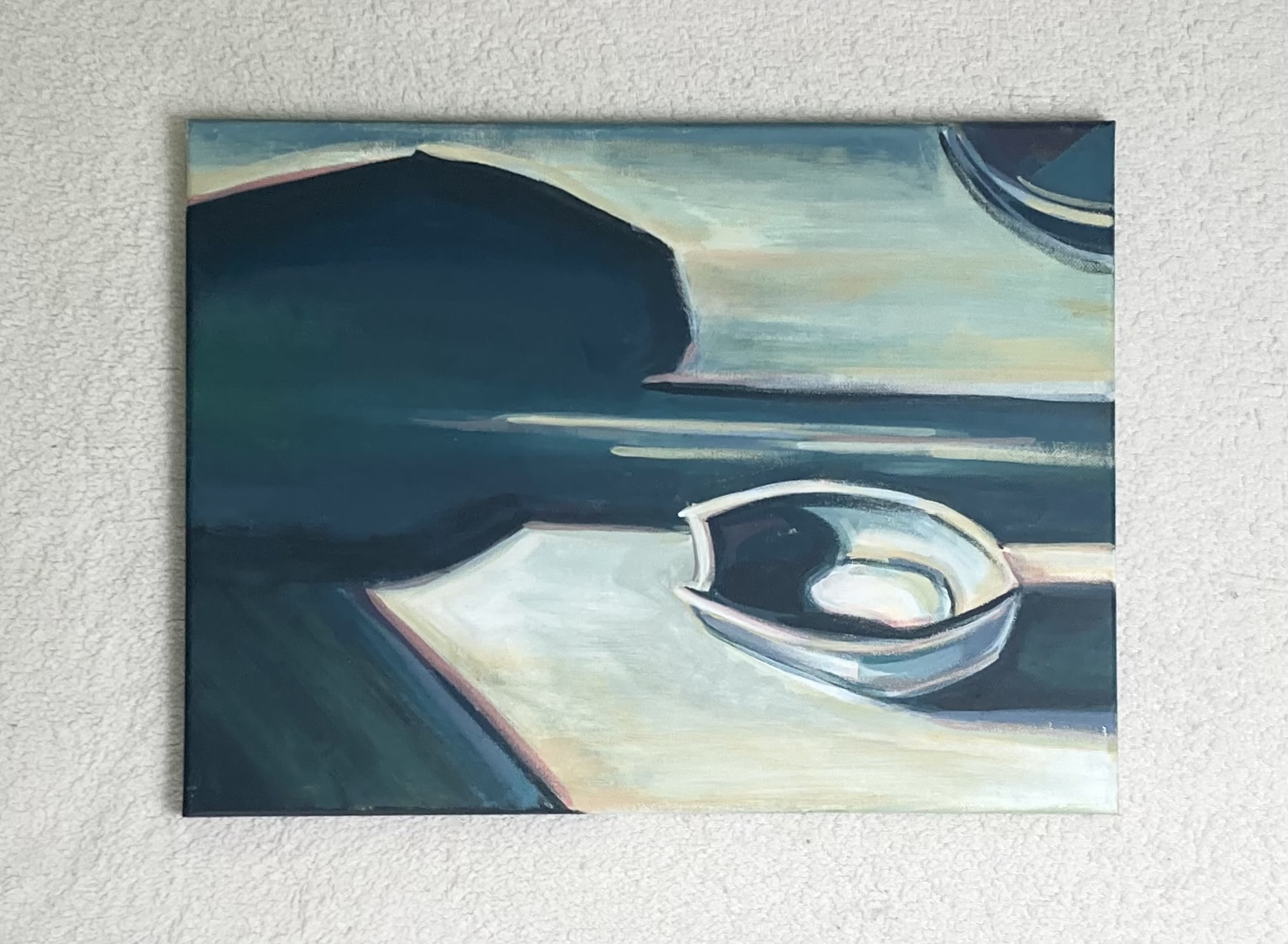 Oil painting of a white and blue-grey spoon rest on a geometric surface with blue and cream background colors