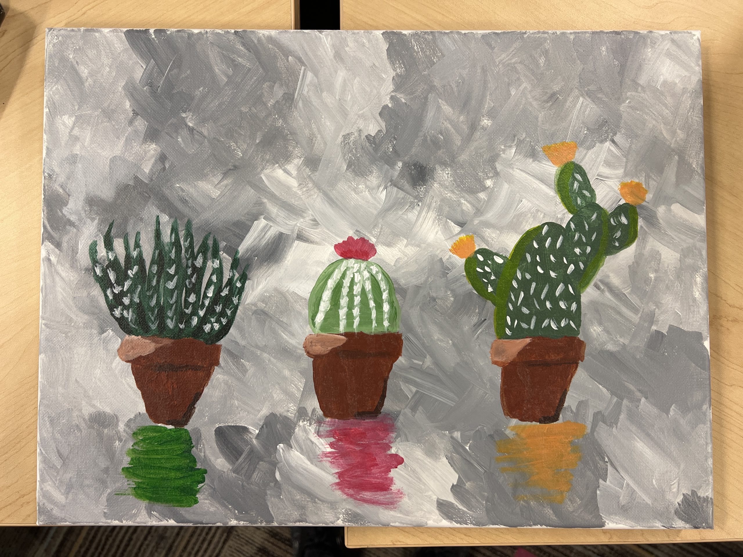 Painting of three cacti in clay pots against a grey background