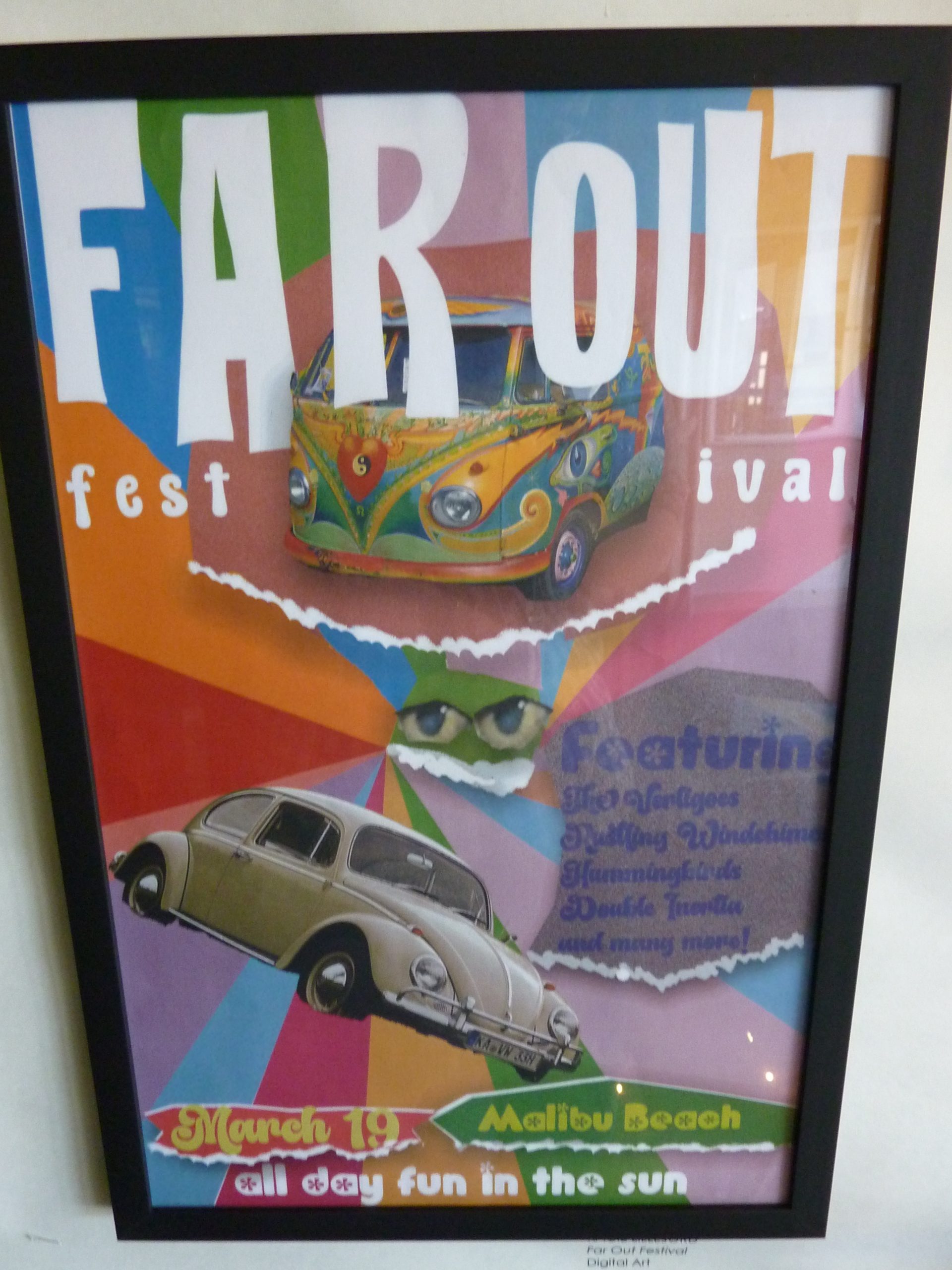 Colorful festival poster that says Far Out Festival with a rainbow spiral, a VW Bus, and a VW bug floating in the middle