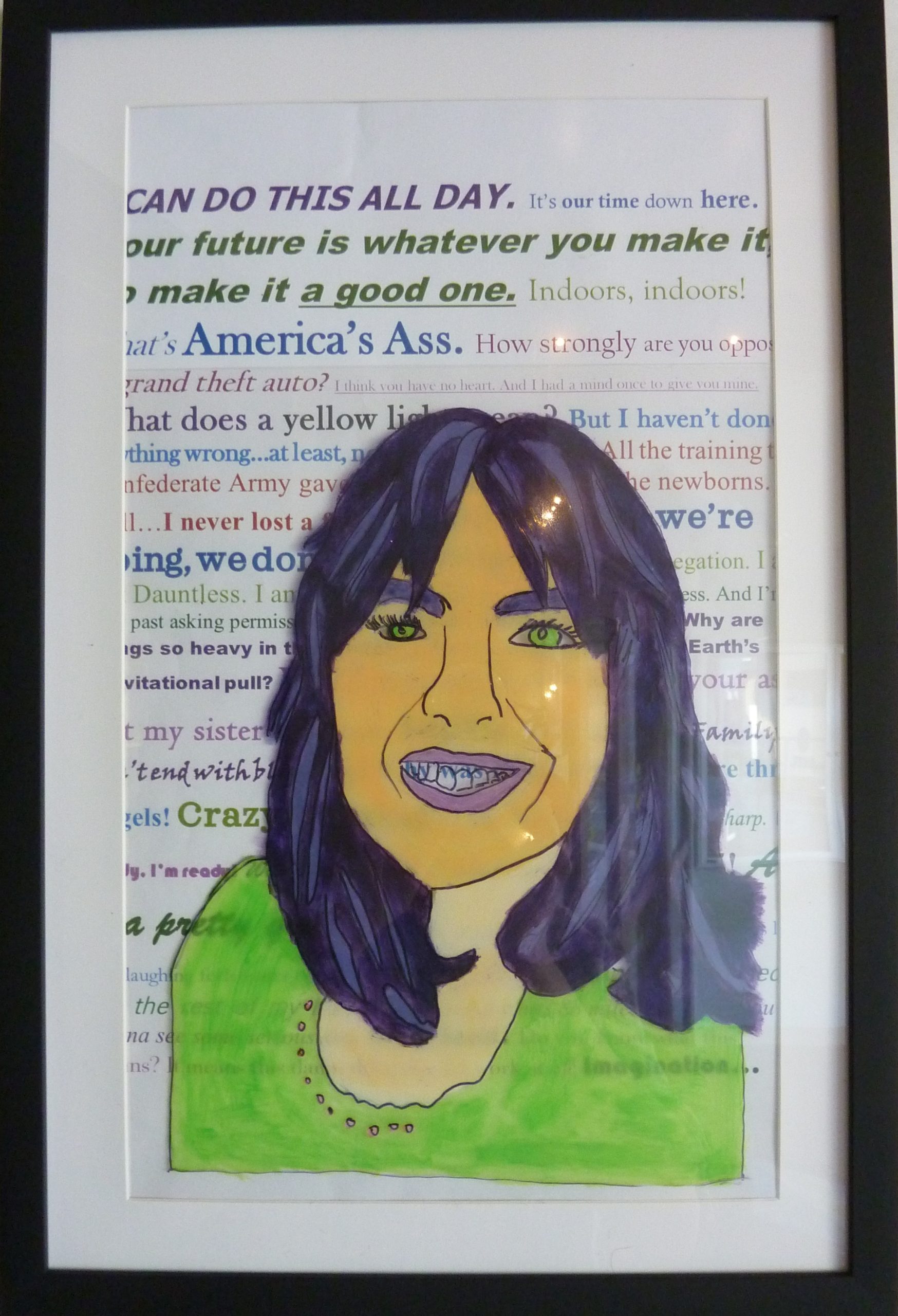 Artwork of a bust with purple hair and green eyes and a green shirt with quotes from movies in the background