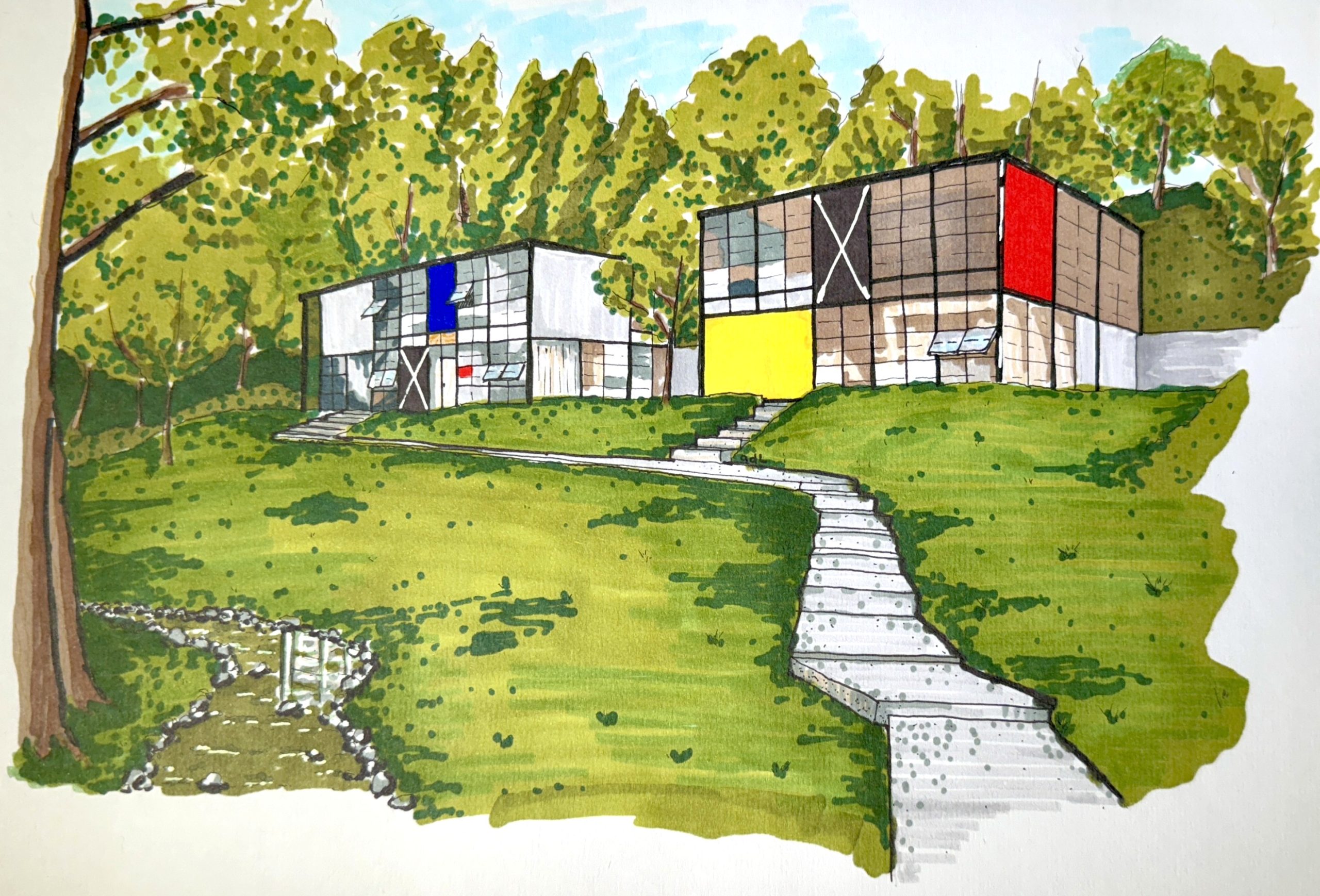 Marker and pen artwork of Eames' house no. 8 with trees and a path