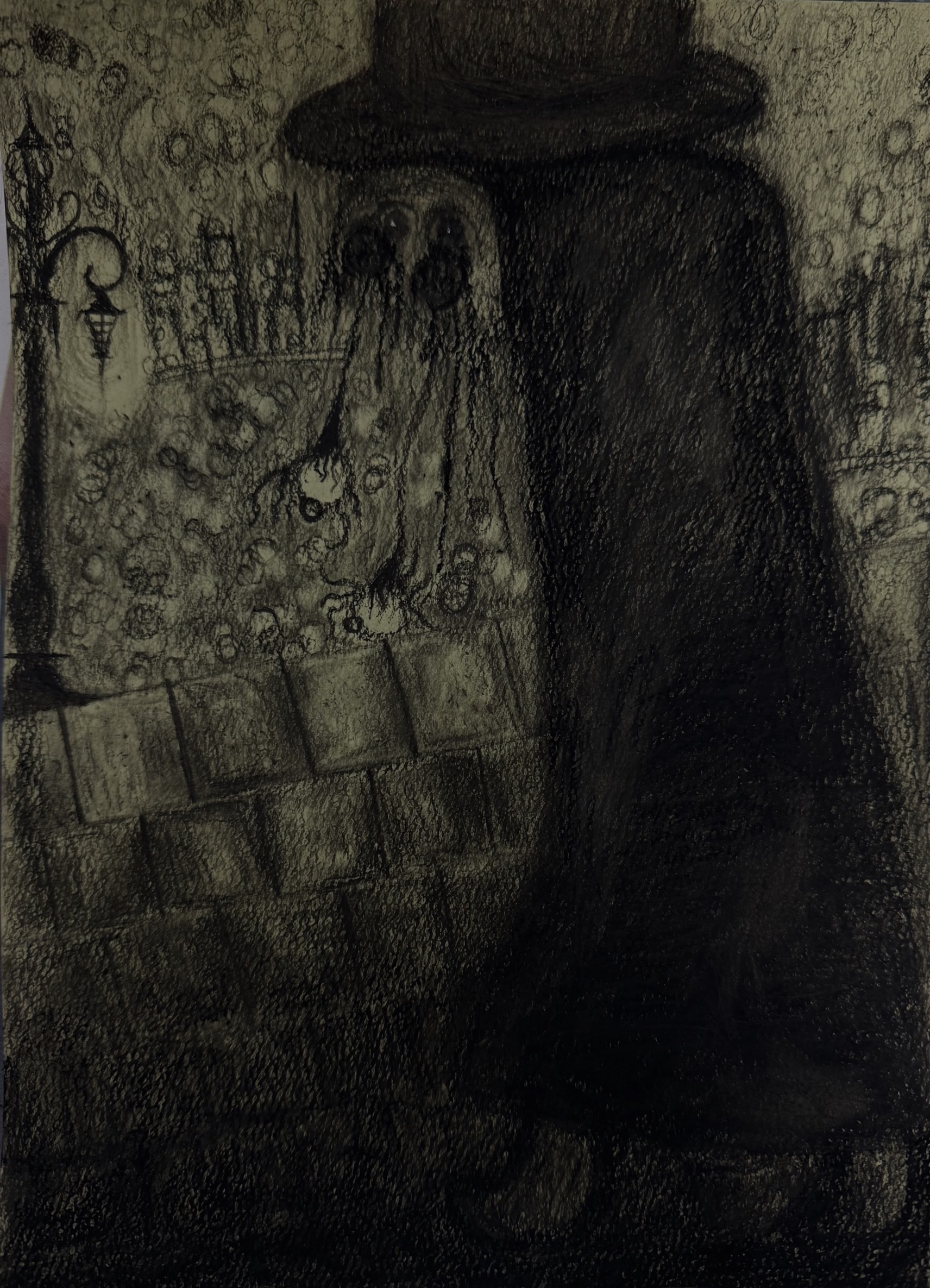 Chacoal drawing of eyes falling out of a dark shape under a streetlight