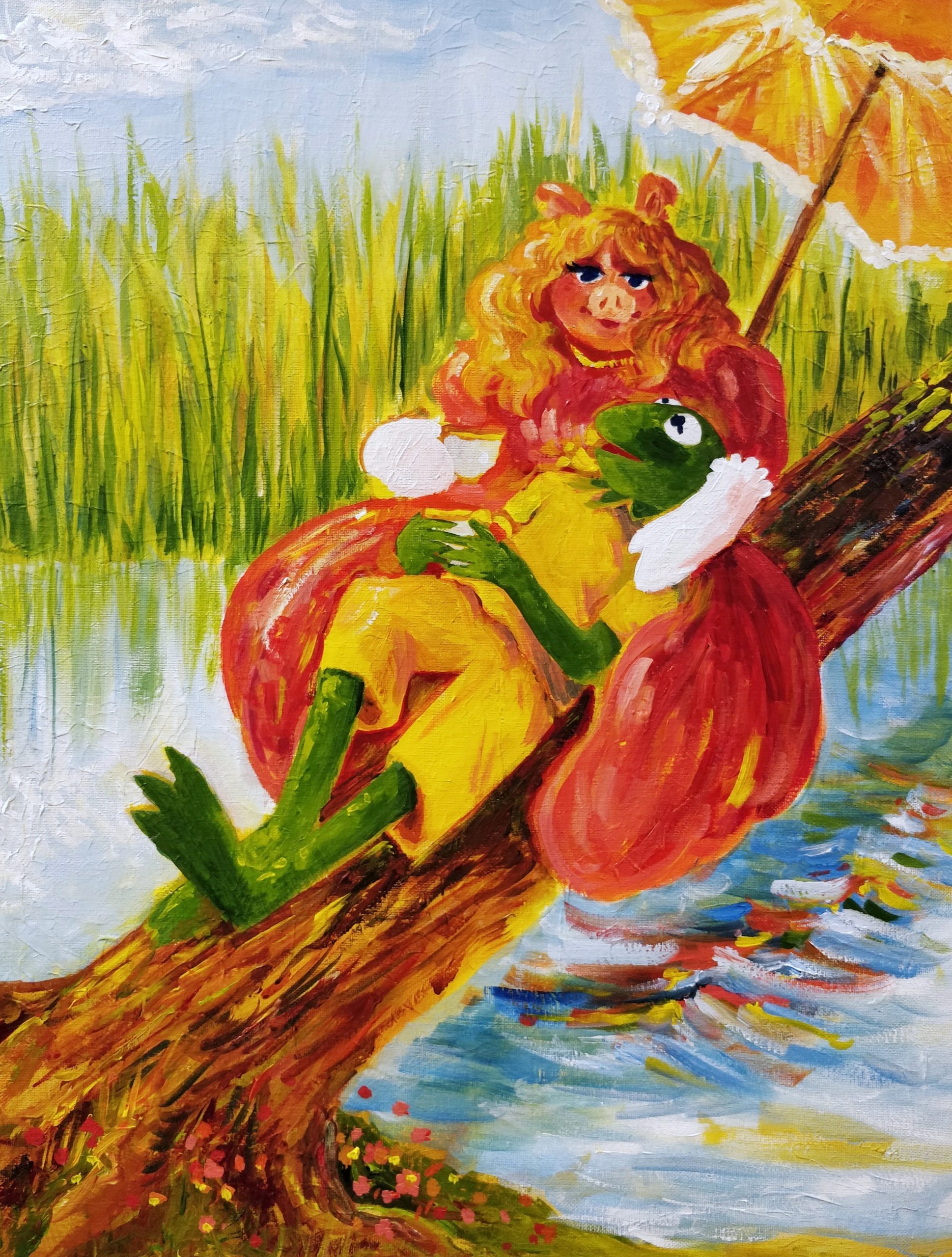 Acrylic painting of Kermit the Frog and Miss PIggy under a parasol reclining on a log over a pond
