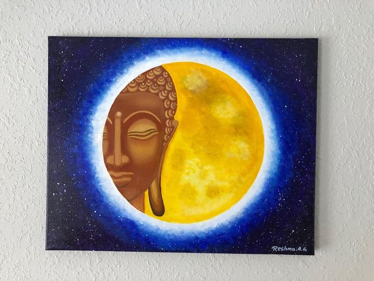 Blue starry background with a bright glowing yellow moon and a buddha in the center