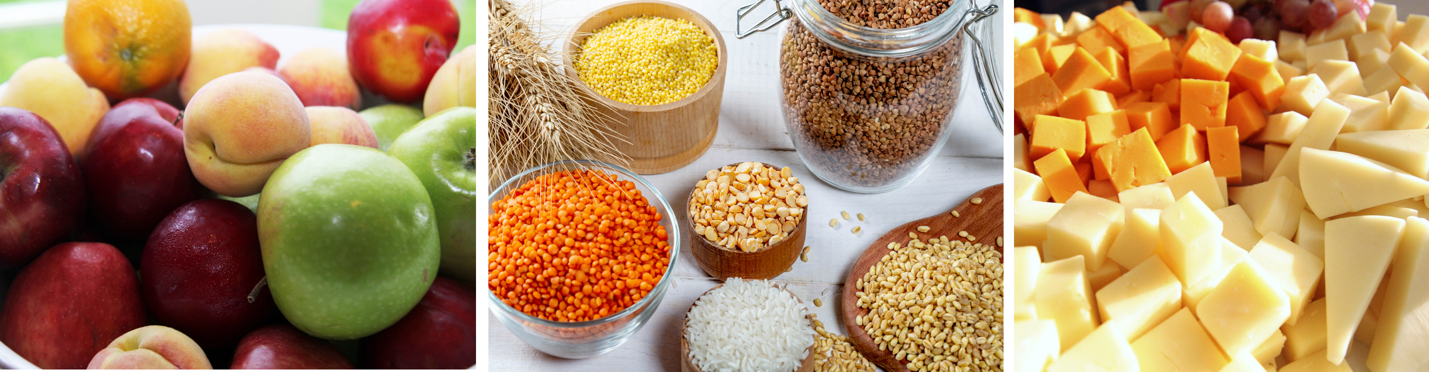 3 photos of whole food sources of carbohydrates, from left to right: a fruit bowl with apples, peaches, and oranges; an assortment of grains and legumes, including lentils, rice, and peanuts; and an assortment of cheeses cut into small pieces.