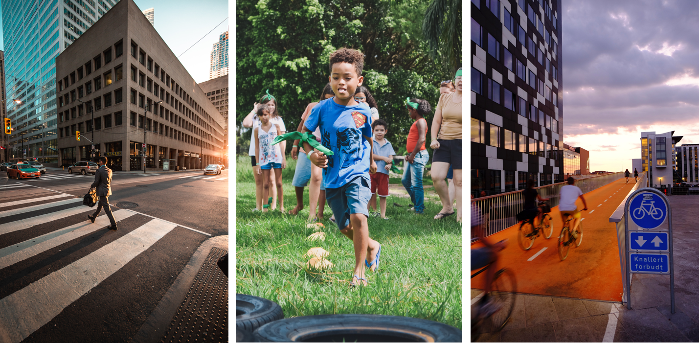 Three photos illustrate different ways of getting physical activity during the day. From left to right: a man dressed in a business suit crosses the street with tall city buildings around him; a boy runs through the grass, with other children in the background; cyclists on a bike path through a cityscape.