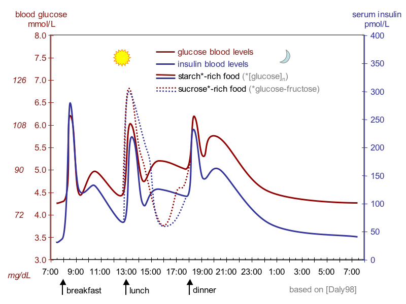 The figure shows a line graph, with time over 24 hours on the x-axis and with blood glucose concentrations on the left y-axis and blood insulin concentrations on the right y-axis. The graph shows 3 peaks during the day for meals, with insulin level closely matched to glucose level. The effects of a sugar-rich meal shows a higher glucose and insulin peak and a more precipitous decline in glucose in response.