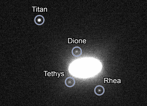 A bright white oval on a black background. There are four dots around it. Each is circled. They are labeled Titan, Dione, Tethys, and Rhea.