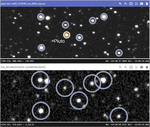 Two starfields with marked stars. The top image also has Pluto marked.