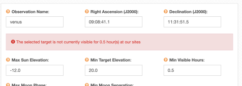 Error that says "Target Not Visible for 0.5 Hours"