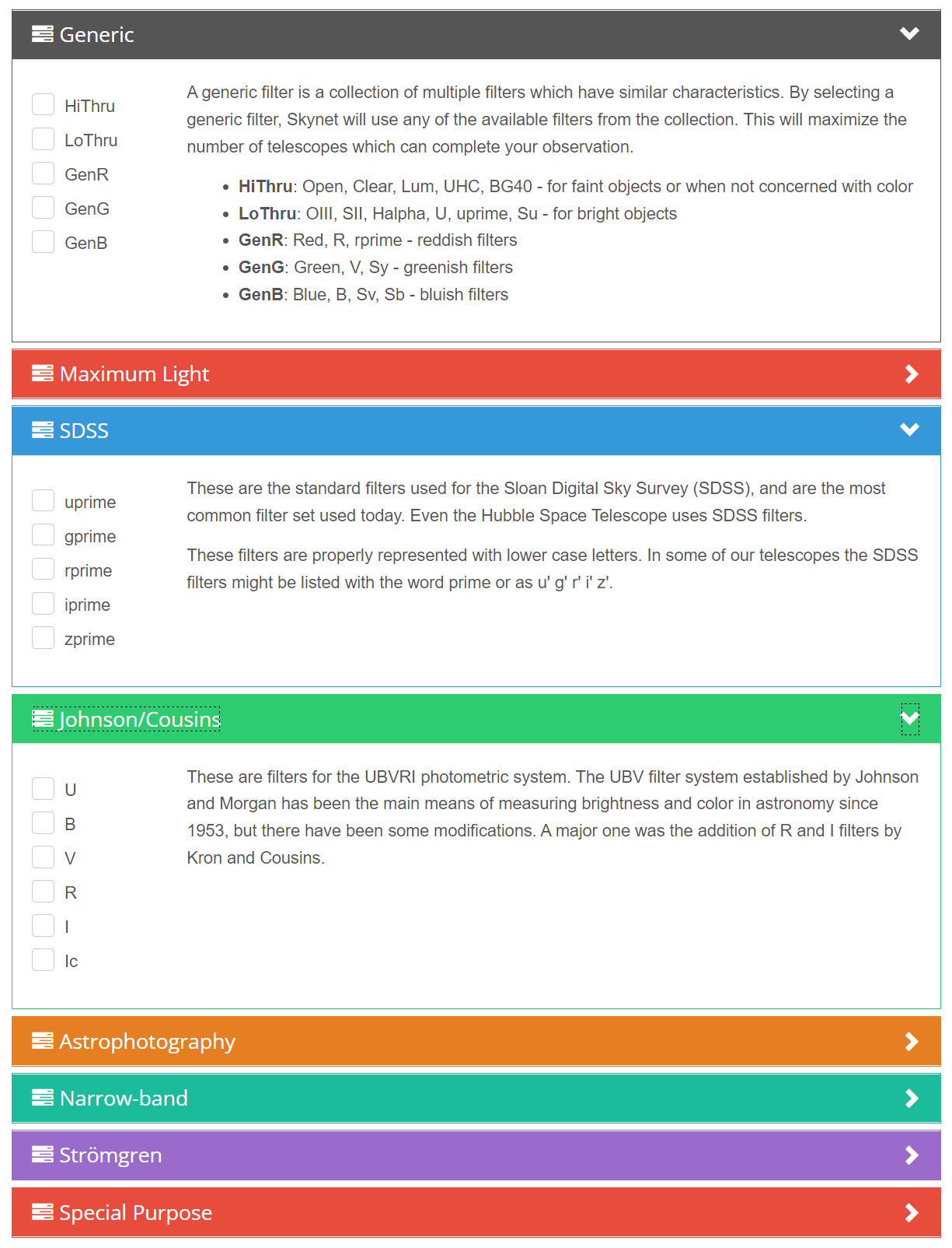 A list of filters. Open "Generic" and "Johnsons/Cousins" to find the filters we need.