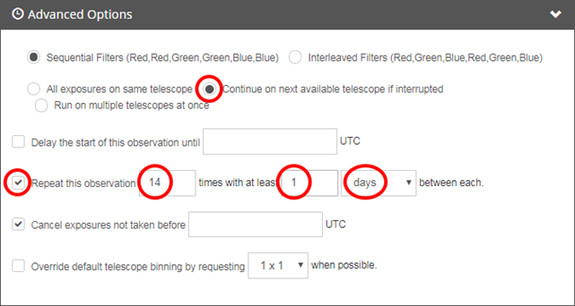 Continue on next available telescope, repeat this observation 14 times with 1 day between each. Cancel exposures not taken before 14 days from now.