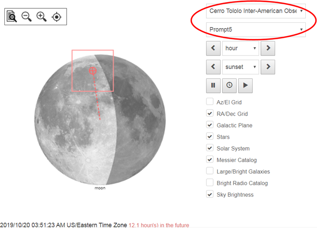 This is the SkyViewer window. The Moon appears on the left with a red box around a portion. The observatory and telescope are selected in the top right.