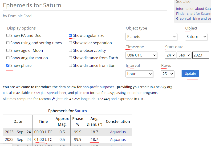 Settings for in-the-sky ephemeris