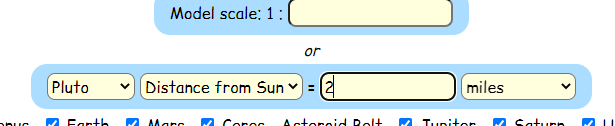 Drop down menus display: Pluto, Distance from Sun = 2 miles