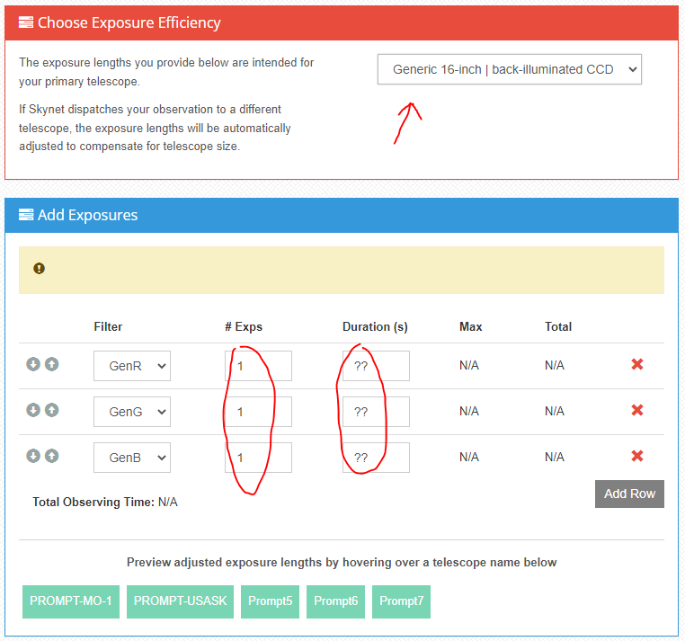 Where to find the number of exposure settings for each filter.