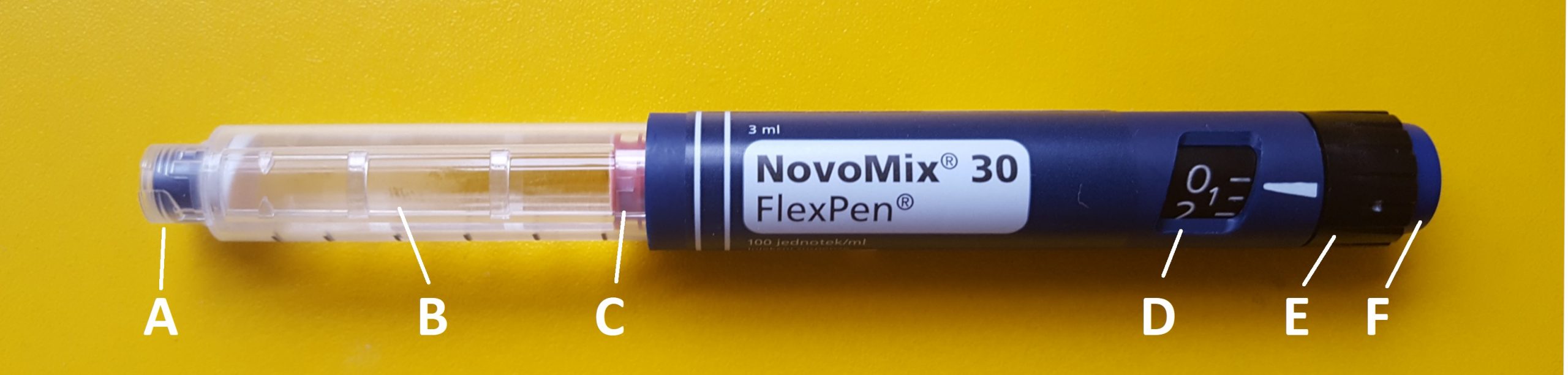 Photo showing closeup of insulin pen, with labels