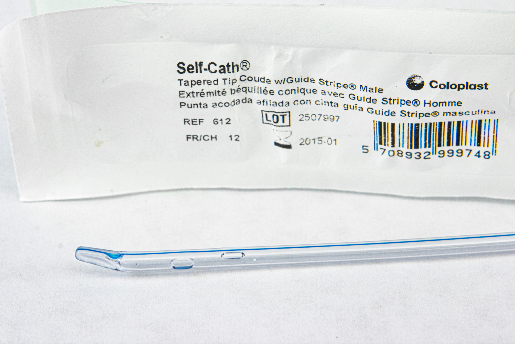 Photo showing closeup of a coude tipped catheter