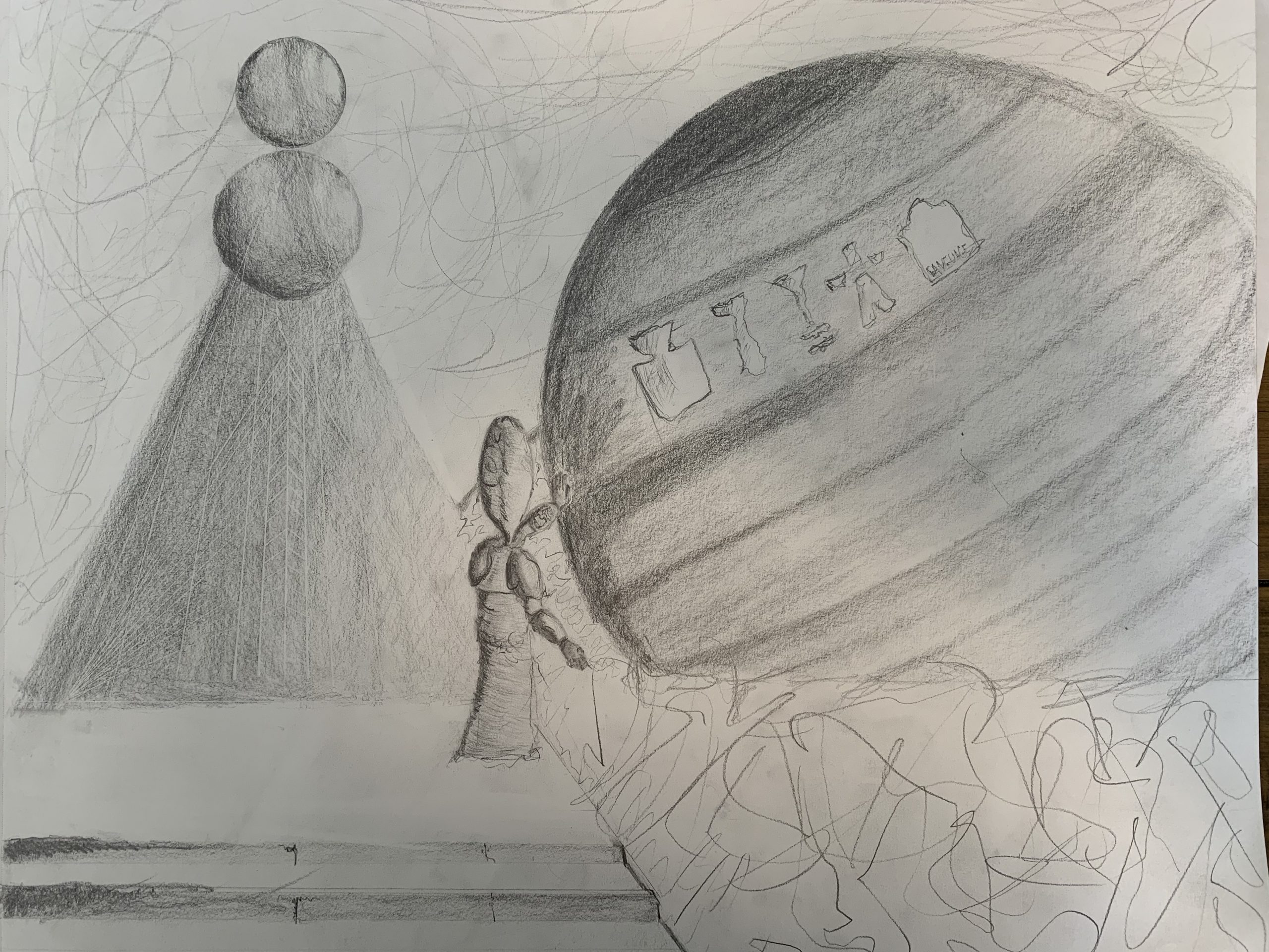 Drawing of person touching ball