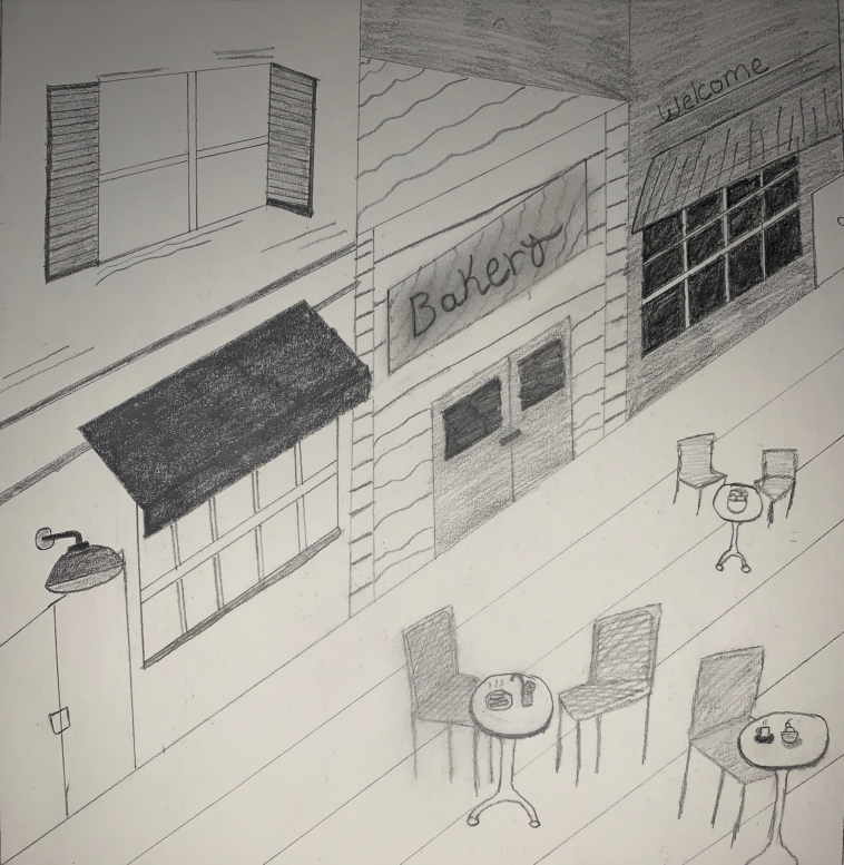 Drawing of outdoor cafe with tables and chairs next to buildings