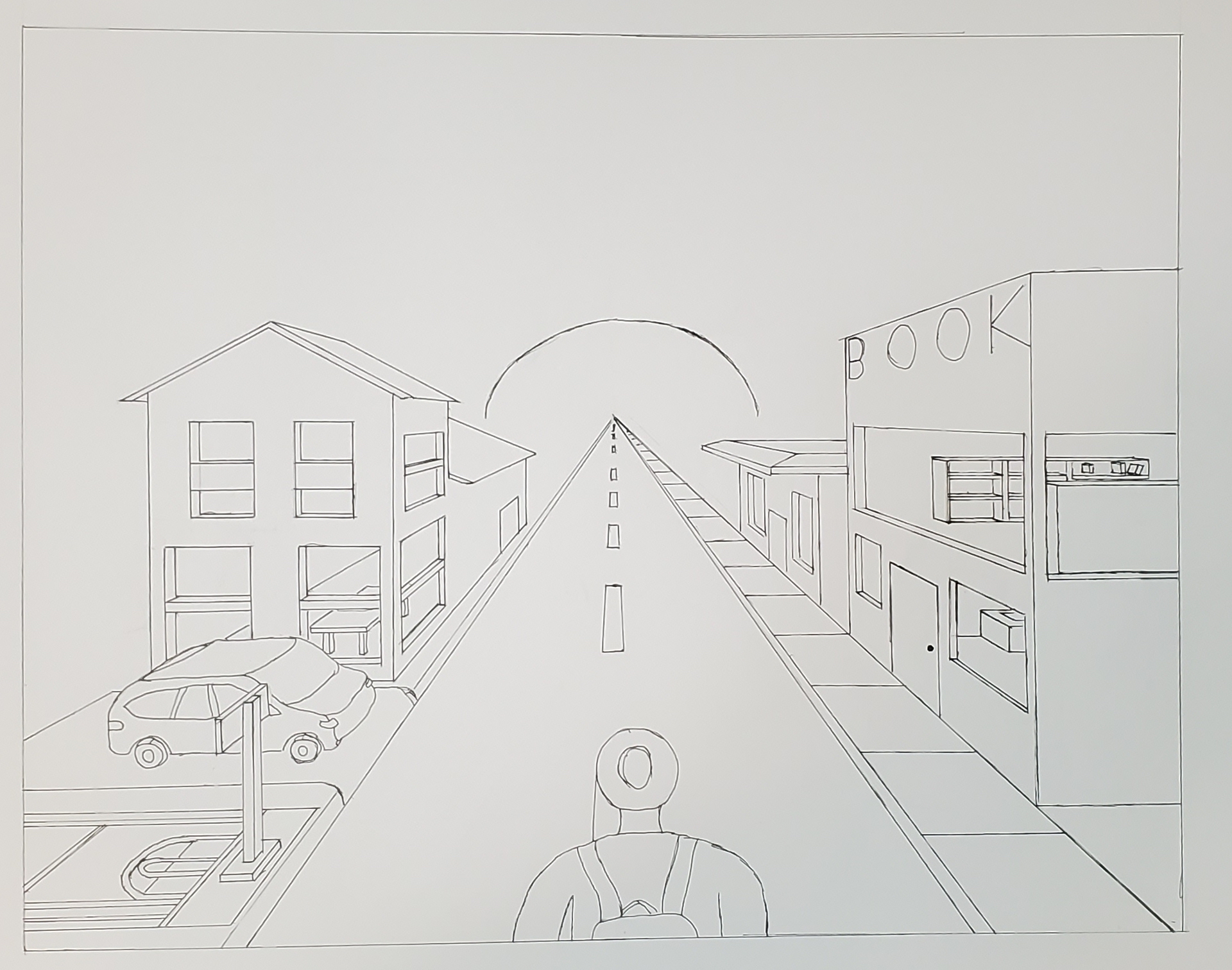 Drawing of person looking down street at car