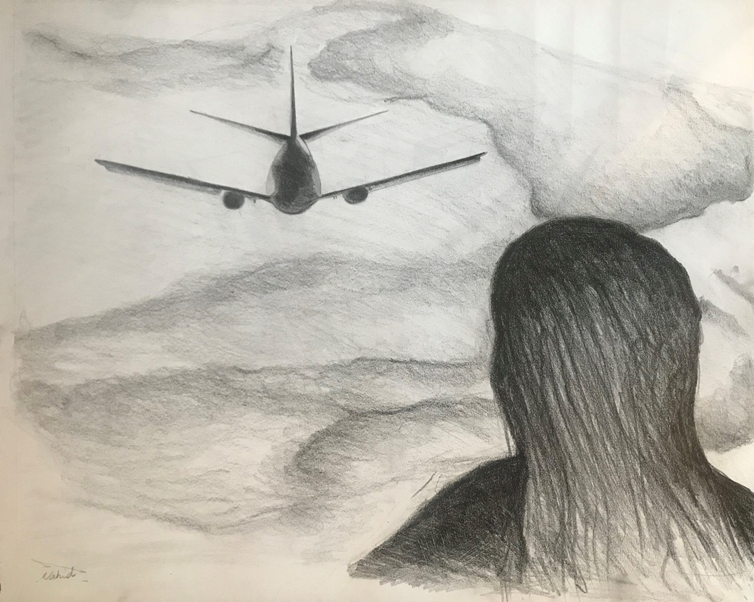 Drawing of back of head of person watching airplane fly away