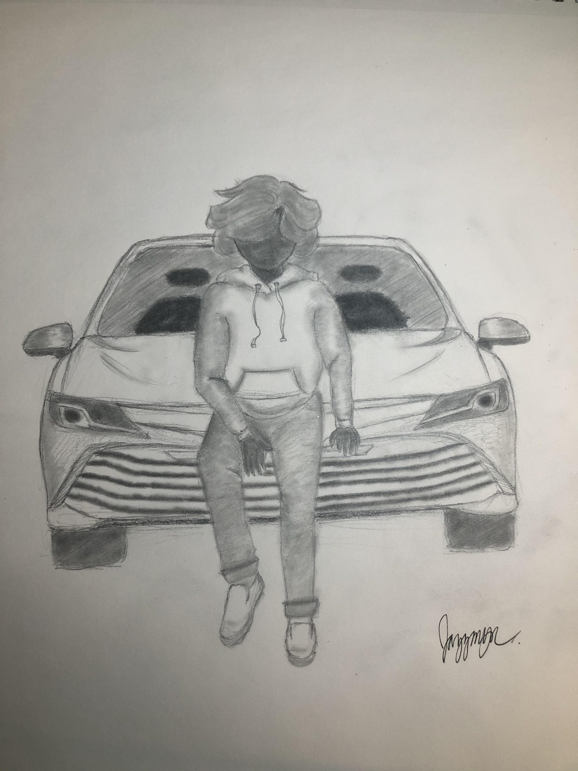 Drawing of person sitting on hood of car