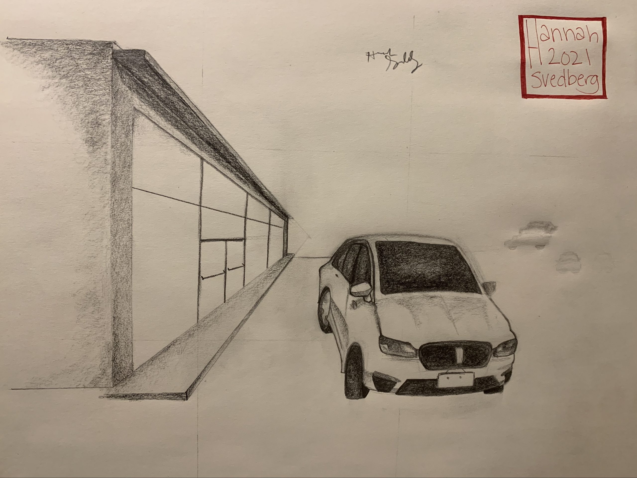 Drawing of car next to wall of building