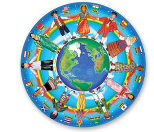 Illustration showing people from different cultures holding hands in a circle around earth.
