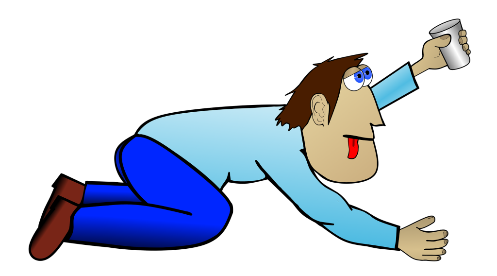 Illustration showing a person crawling on floor, with left arm raised up, a cup in hand