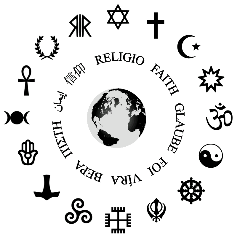 Image showing religious symbols circling a globe and religious text