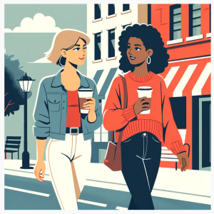 Two women walking and talking.
