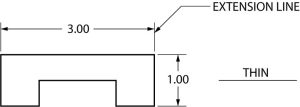 A "C" shaped rectangular object showing the use of dimensioning.